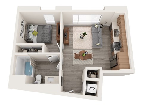 Floor plan for 1 bed, 1 bath, 607 sqft